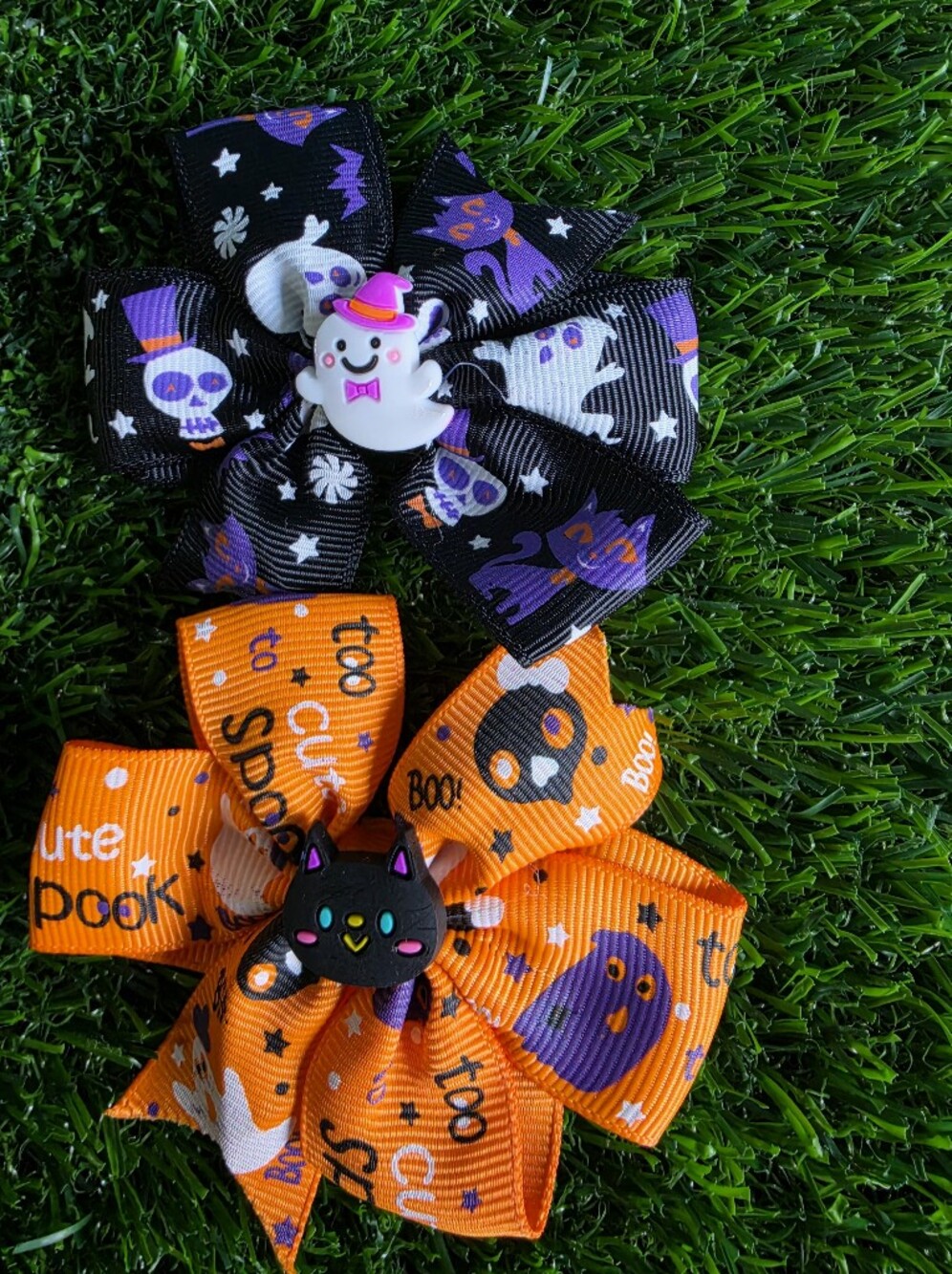 Halloween Kids Hair Bows – Orange & Black Cute Ghosts and Cats